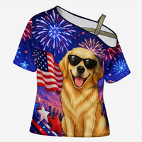 Golden Retriever My Dog Is A Democrat Cross Shoulder Shirt Patriotic Statue Of Liberty Fireworks