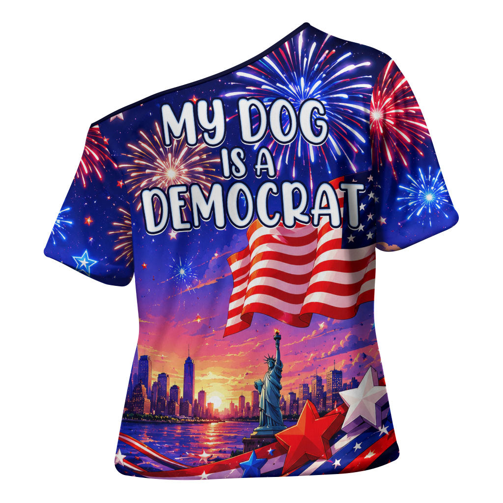 Golden Retriever My Dog Is A Democrat Cross Shoulder Shirt Patriotic Statue Of Liberty Fireworks