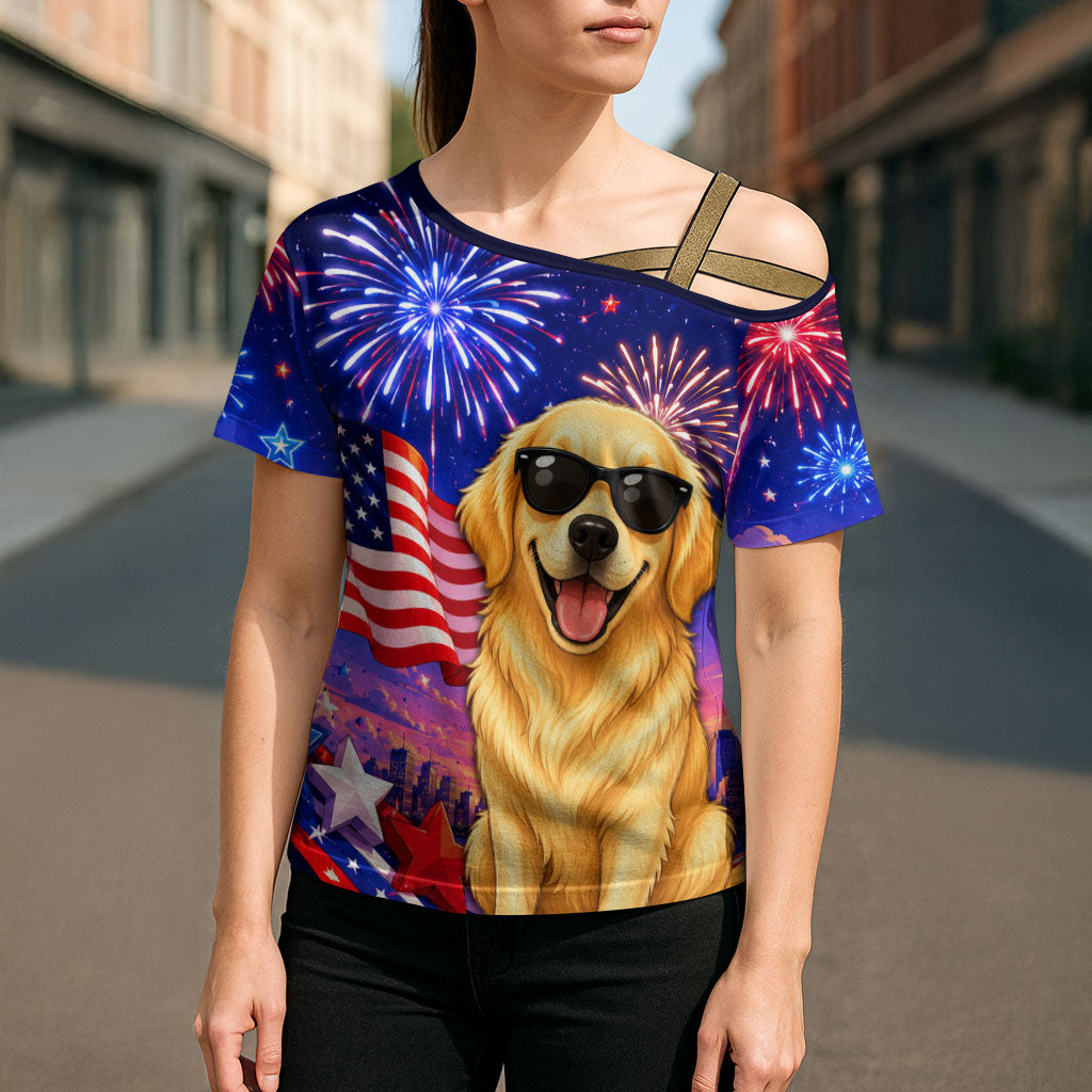 Golden Retriever My Dog Is A Democrat Cross Shoulder Shirt Patriotic Statue Of Liberty Fireworks