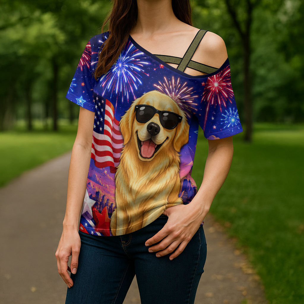 Golden Retriever My Dog Is A Democrat Cross Shoulder Shirt Patriotic Statue Of Liberty Fireworks