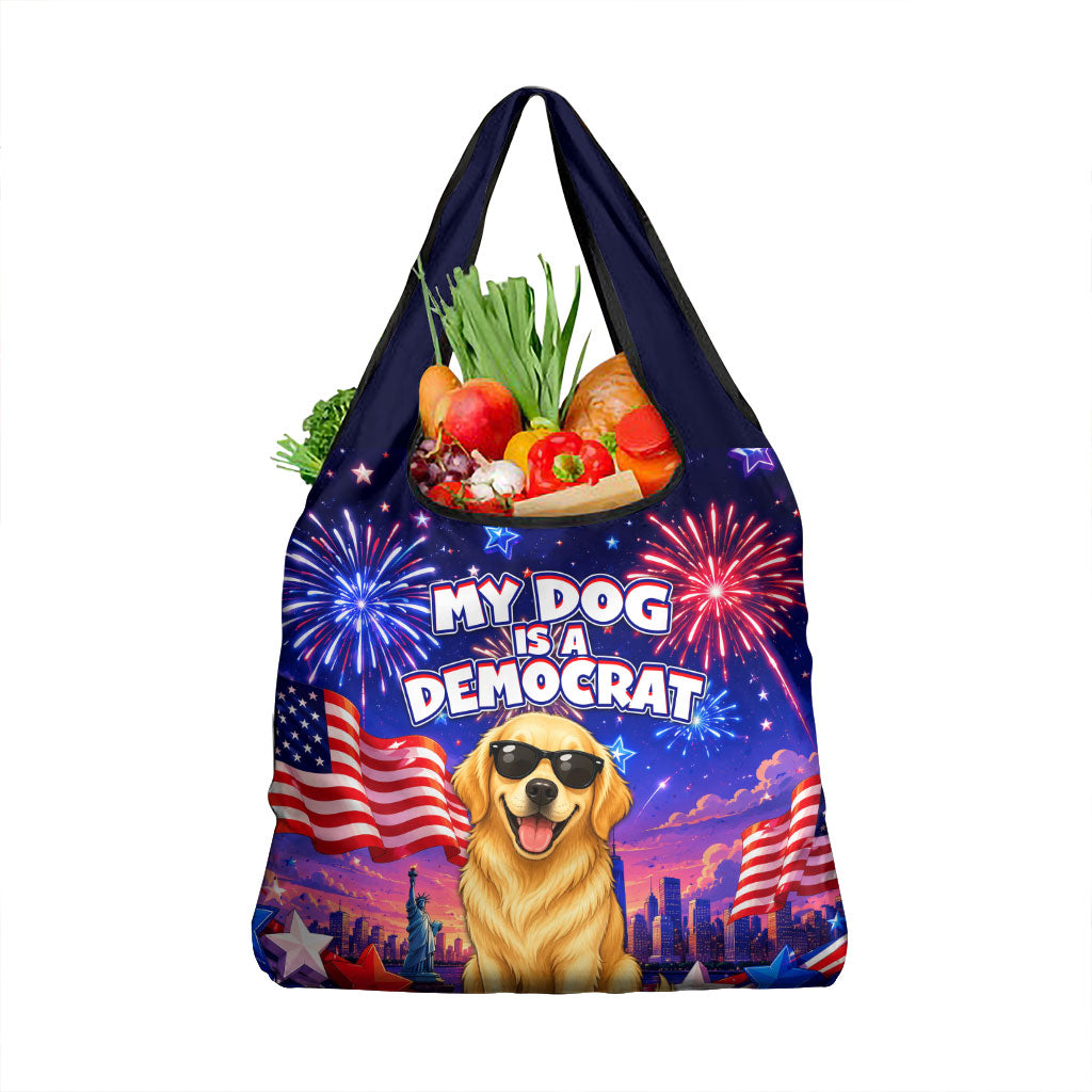 Golden Retriever My Dog Is A Democrat Grocery Bag Patriotic Statue Of Liberty Fireworks