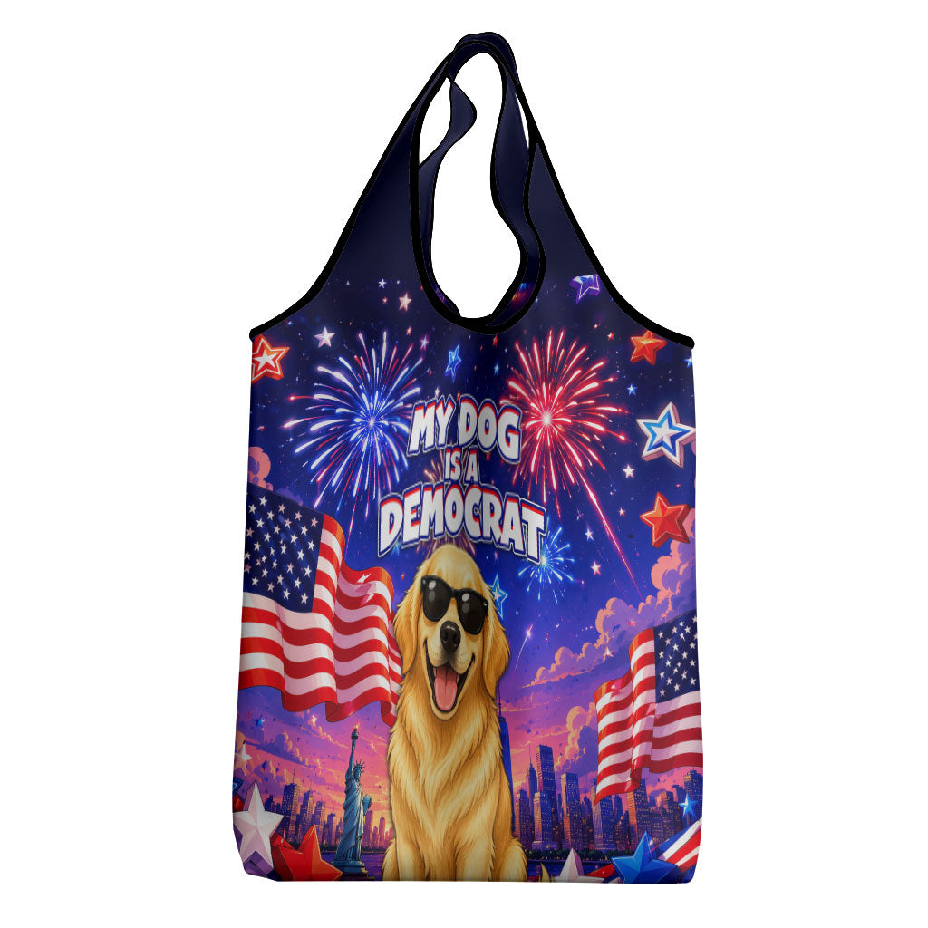 Golden Retriever My Dog Is A Democrat Grocery Bag Patriotic Statue Of Liberty Fireworks