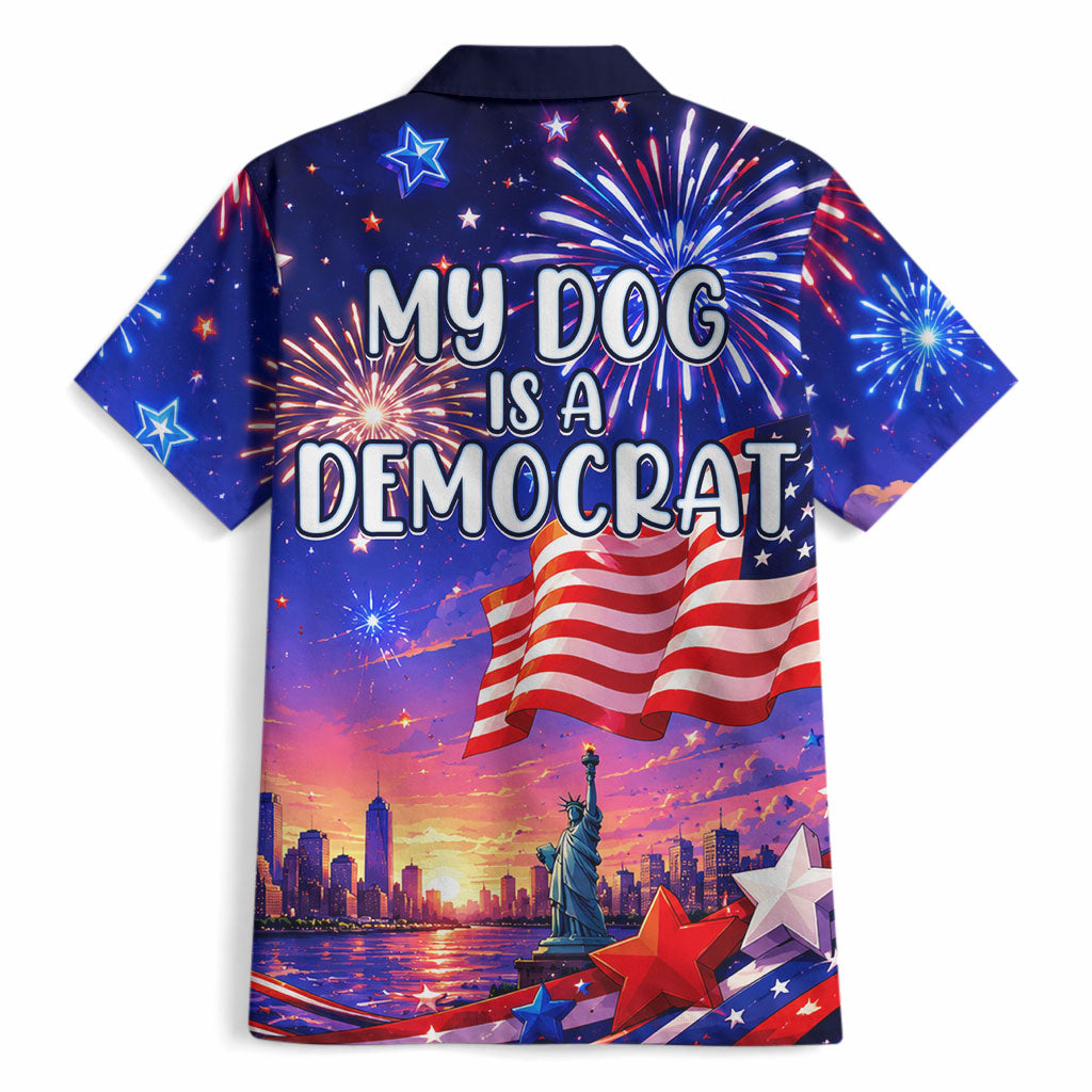 Golden Retriever My Dog Is A Democrat Hawaiian Shirt Patriotic Statue Of Liberty Fireworks
