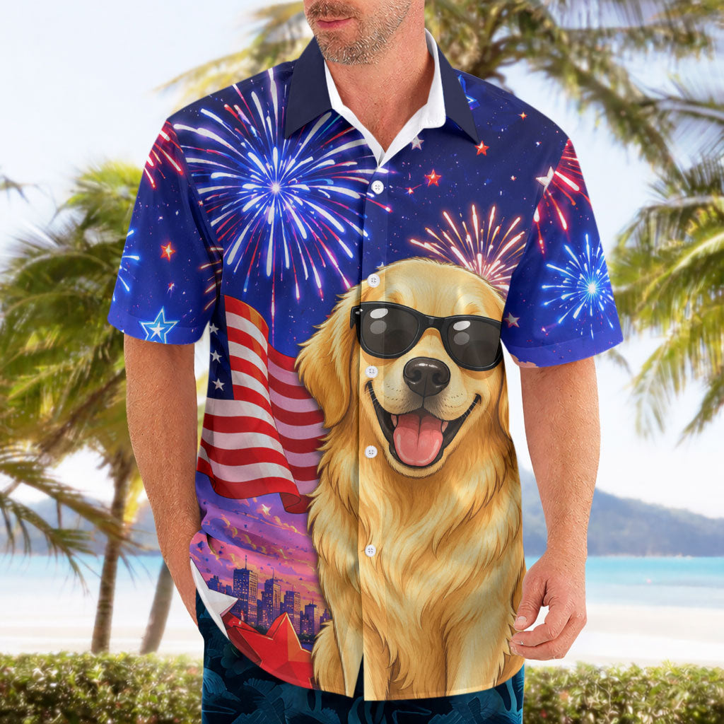 Golden Retriever My Dog Is A Democrat Hawaiian Shirt Patriotic Statue Of Liberty Fireworks