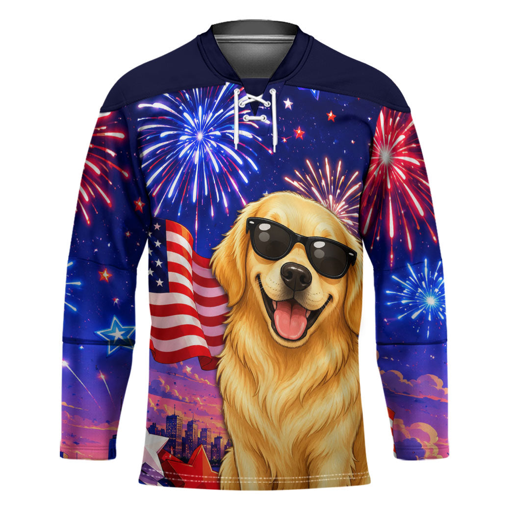 Golden Retriever My Dog Is A Democrat Hockey Jersey Patriotic Statue Of Liberty Fireworks