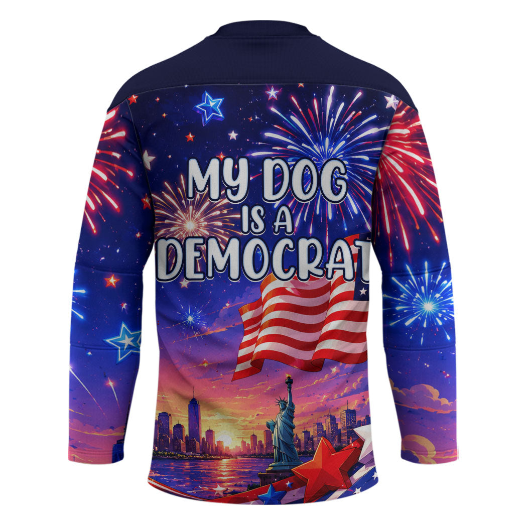 Golden Retriever My Dog Is A Democrat Hockey Jersey Patriotic Statue Of Liberty Fireworks