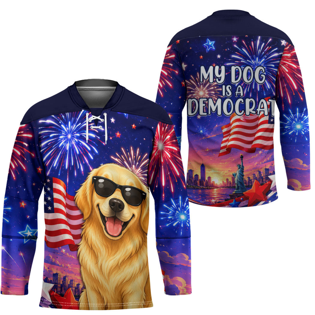 Golden Retriever My Dog Is A Democrat Hockey Jersey Patriotic Statue Of Liberty Fireworks