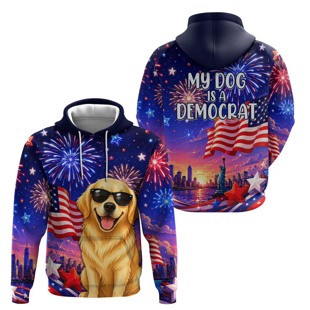 Golden Retriever My Dog Is A Democrat Hoodie Patriotic Statue Of Liberty Fireworks