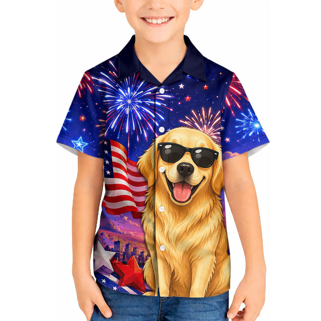 Golden Retriever My Dog Is A Democrat Kid Hawaiian Shirt Patriotic Statue Of Liberty Fireworks