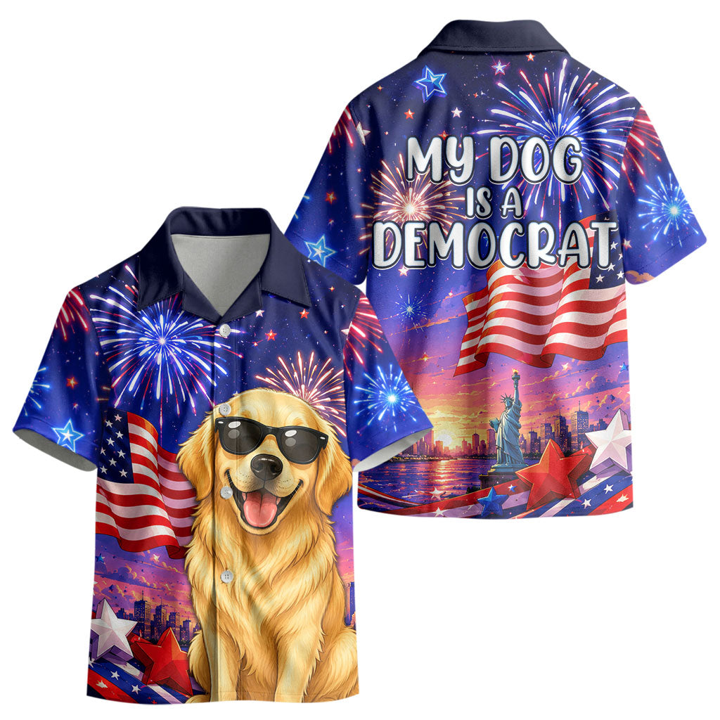 Golden Retriever My Dog Is A Democrat Kid Hawaiian Shirt Patriotic Statue Of Liberty Fireworks