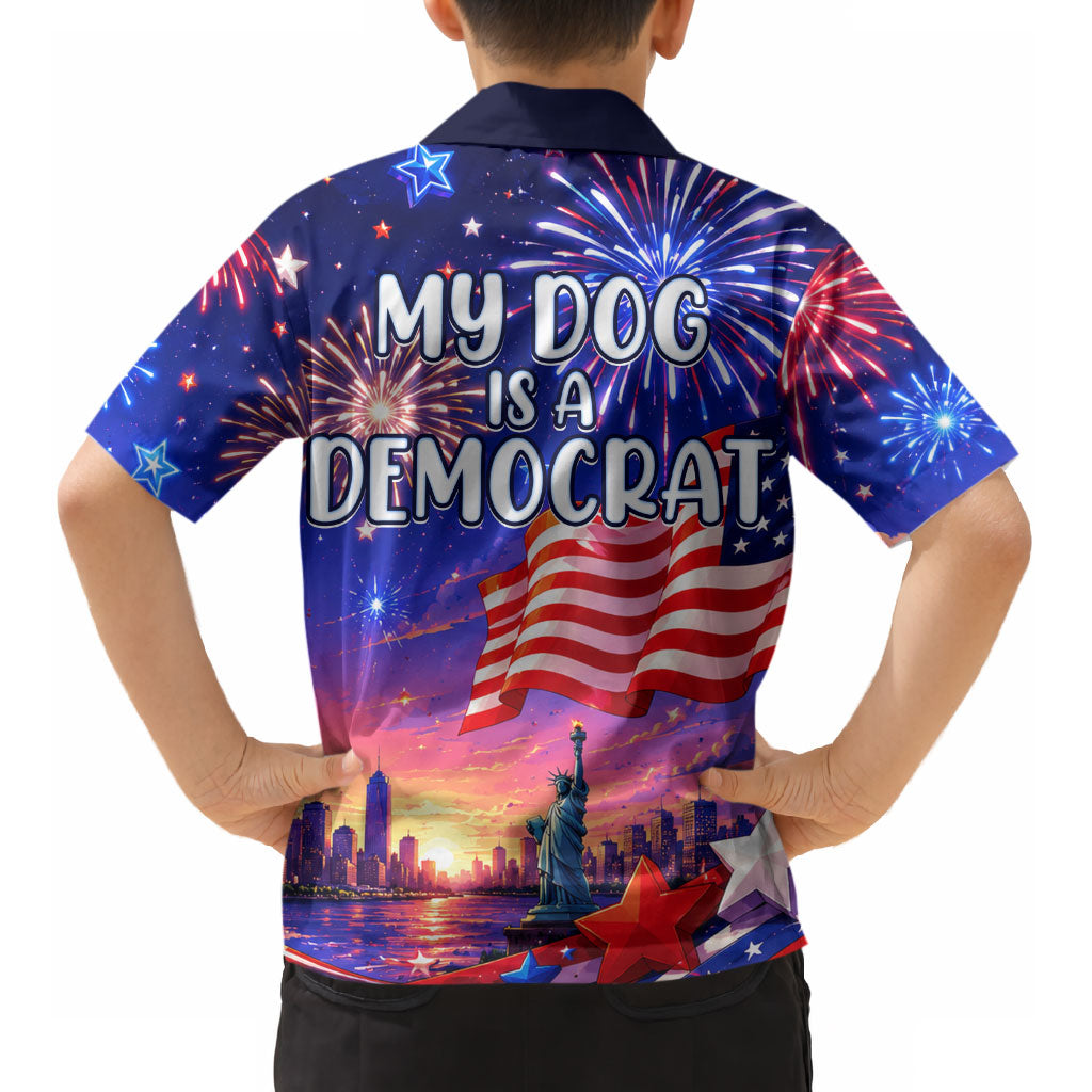 Golden Retriever My Dog Is A Democrat Kid Hawaiian Shirt Patriotic Statue Of Liberty Fireworks