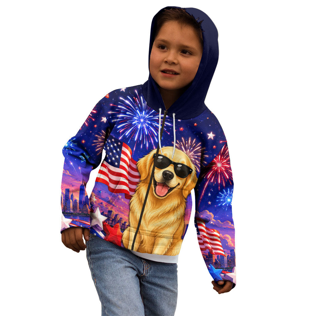 Golden Retriever My Dog Is A Democrat Kid Hoodie Patriotic Statue Of Liberty Fireworks