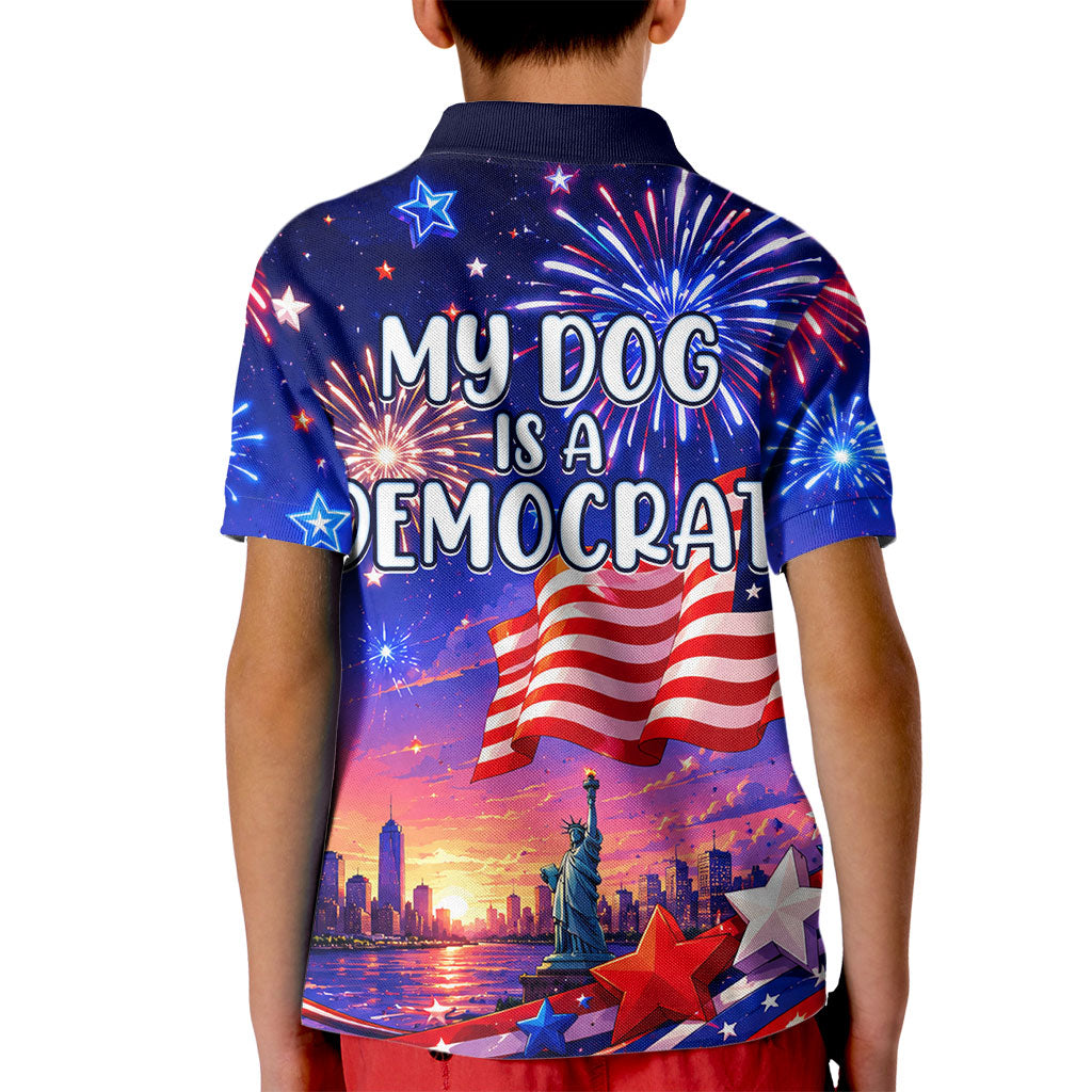 Golden Retriever My Dog Is A Democrat Kid Polo Shirt Patriotic Statue Of Liberty Fireworks