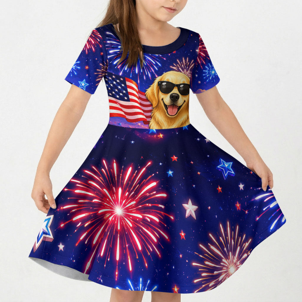 Golden Retriever My Dog Is A Democrat Kid Short Sleeve Dress Patriotic Statue Of Liberty Fireworks