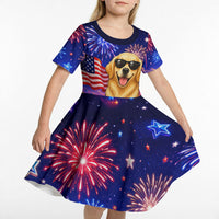 Golden Retriever My Dog Is A Democrat Kid Short Sleeve Dress Patriotic Statue Of Liberty Fireworks