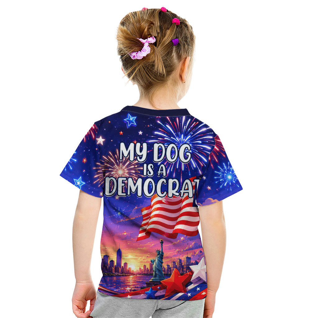 Golden Retriever My Dog Is A Democrat Kid T Shirt Patriotic Statue Of Liberty Fireworks