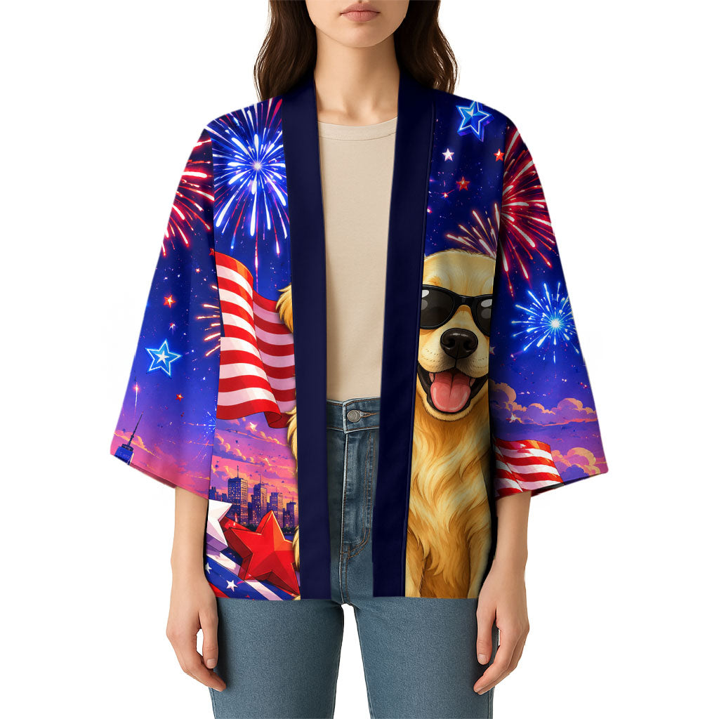 Golden Retriever My Dog Is A Democrat Kimono Patriotic Statue Of Liberty Fireworks