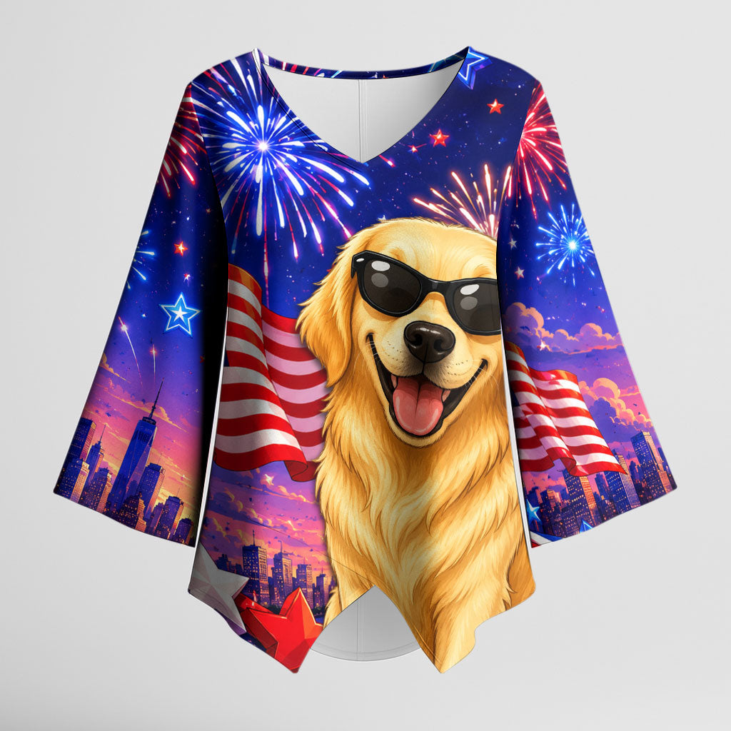 Golden Retriever My Dog Is A Democrat Kimono Sleeve Blouse Patriotic Statue Of Liberty Fireworks