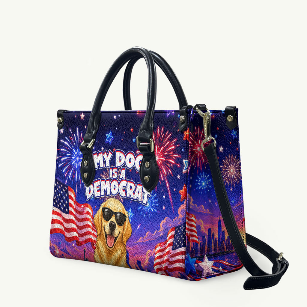 Golden Retriever My Dog Is A Democrat Leather Bag Patriotic Statue Of Liberty Fireworks