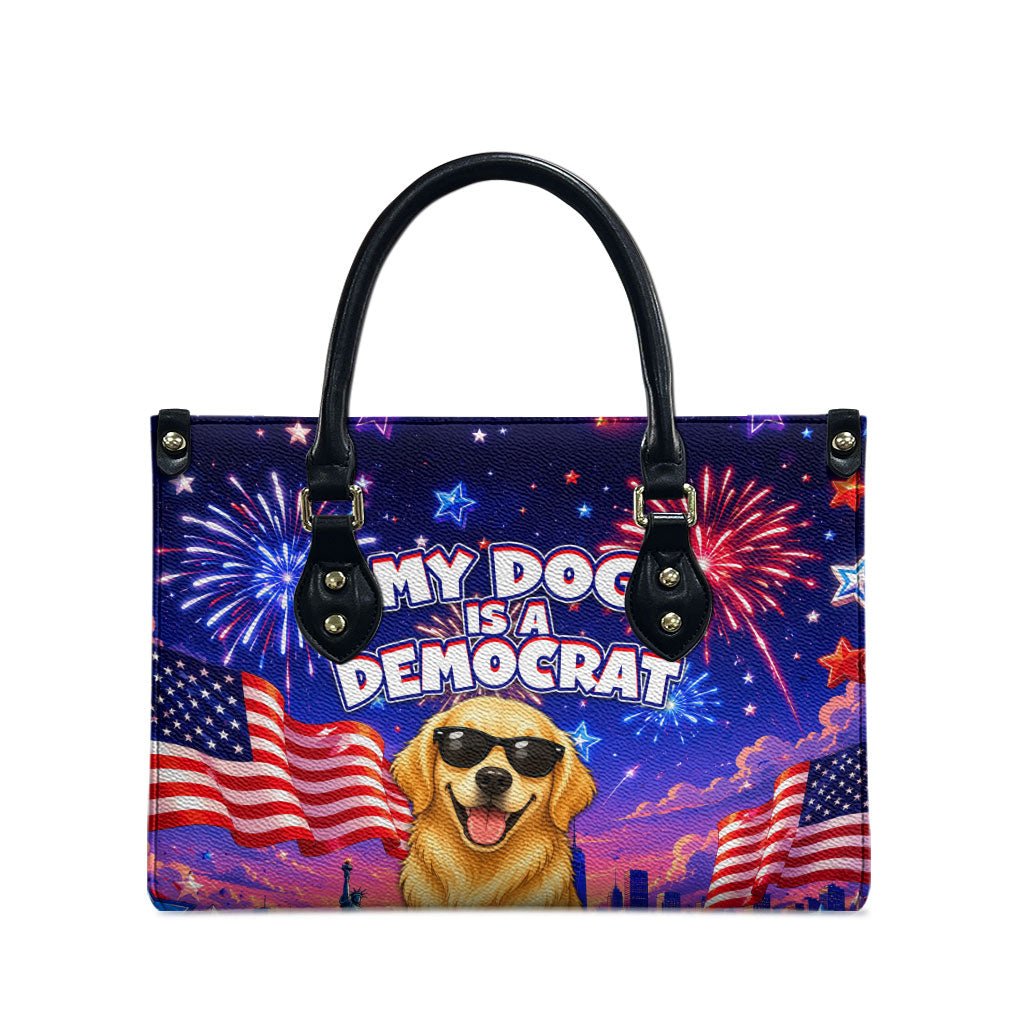 Golden Retriever My Dog Is A Democrat Leather Bag Patriotic Statue Of Liberty Fireworks