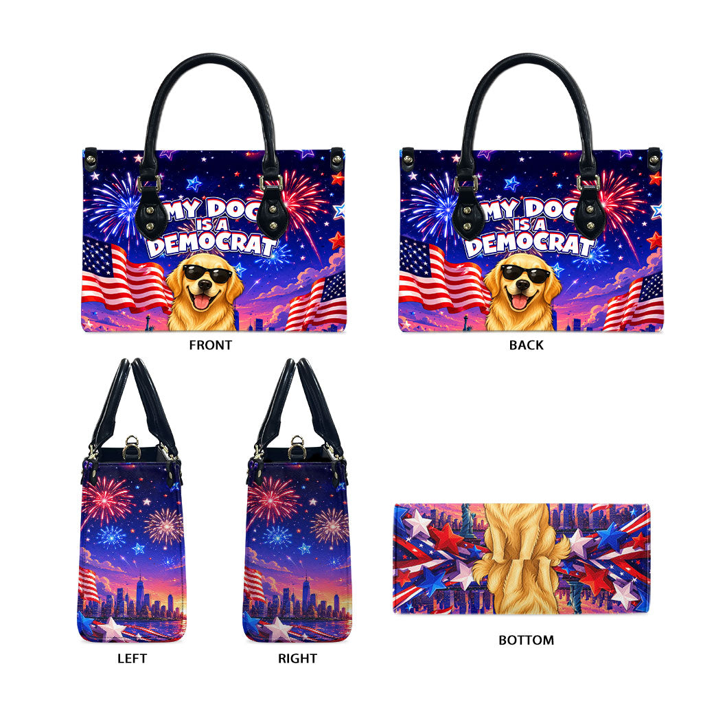 Golden Retriever My Dog Is A Democrat Leather Bag Patriotic Statue Of Liberty Fireworks