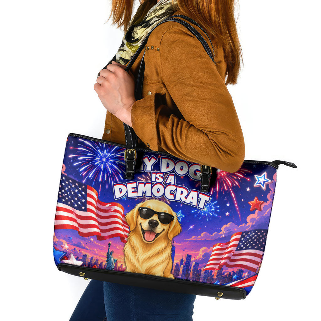 Golden Retriever My Dog Is A Democrat Leather Tote Bag Patriotic Statue Of Liberty Fireworks