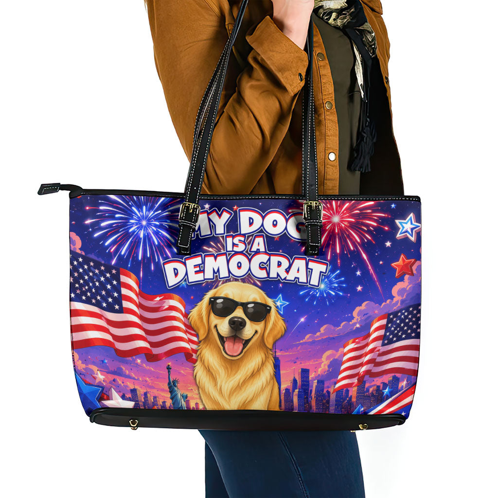 Golden Retriever My Dog Is A Democrat Leather Tote Bag Patriotic Statue Of Liberty Fireworks