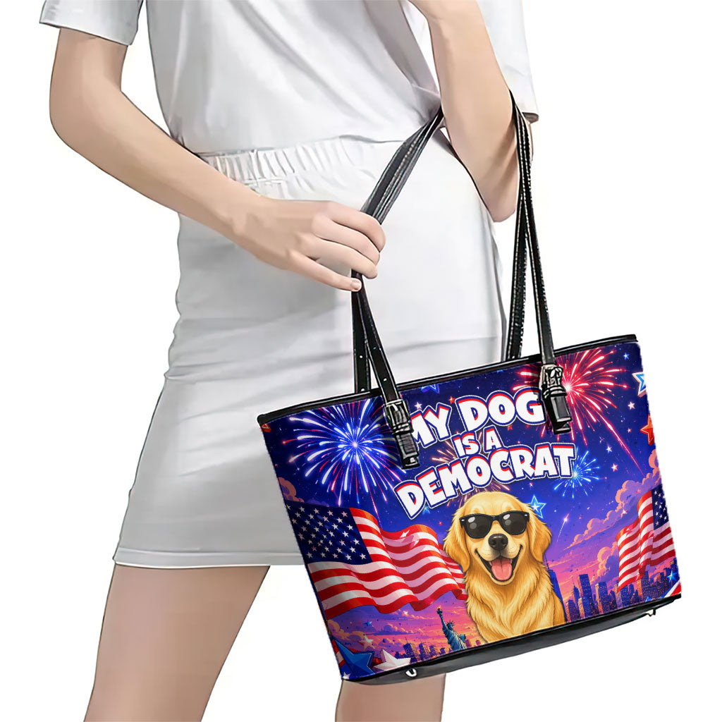 Golden Retriever My Dog Is A Democrat Leather Tote Bag Patriotic Statue Of Liberty Fireworks