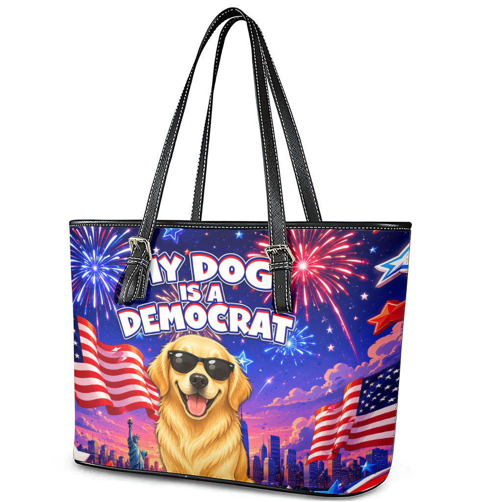Golden Retriever My Dog Is A Democrat Leather Tote Bag Patriotic Statue Of Liberty Fireworks