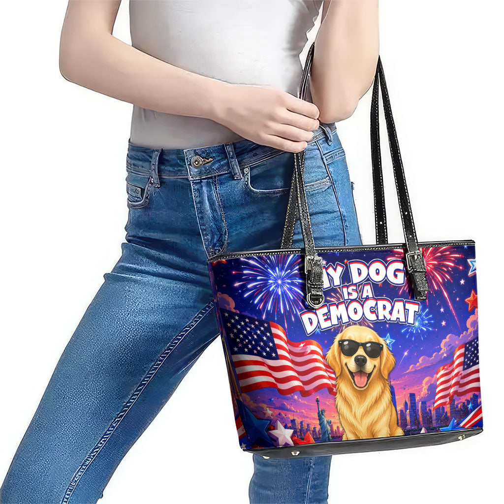 Golden Retriever My Dog Is A Democrat Leather Tote Bag Patriotic Statue Of Liberty Fireworks