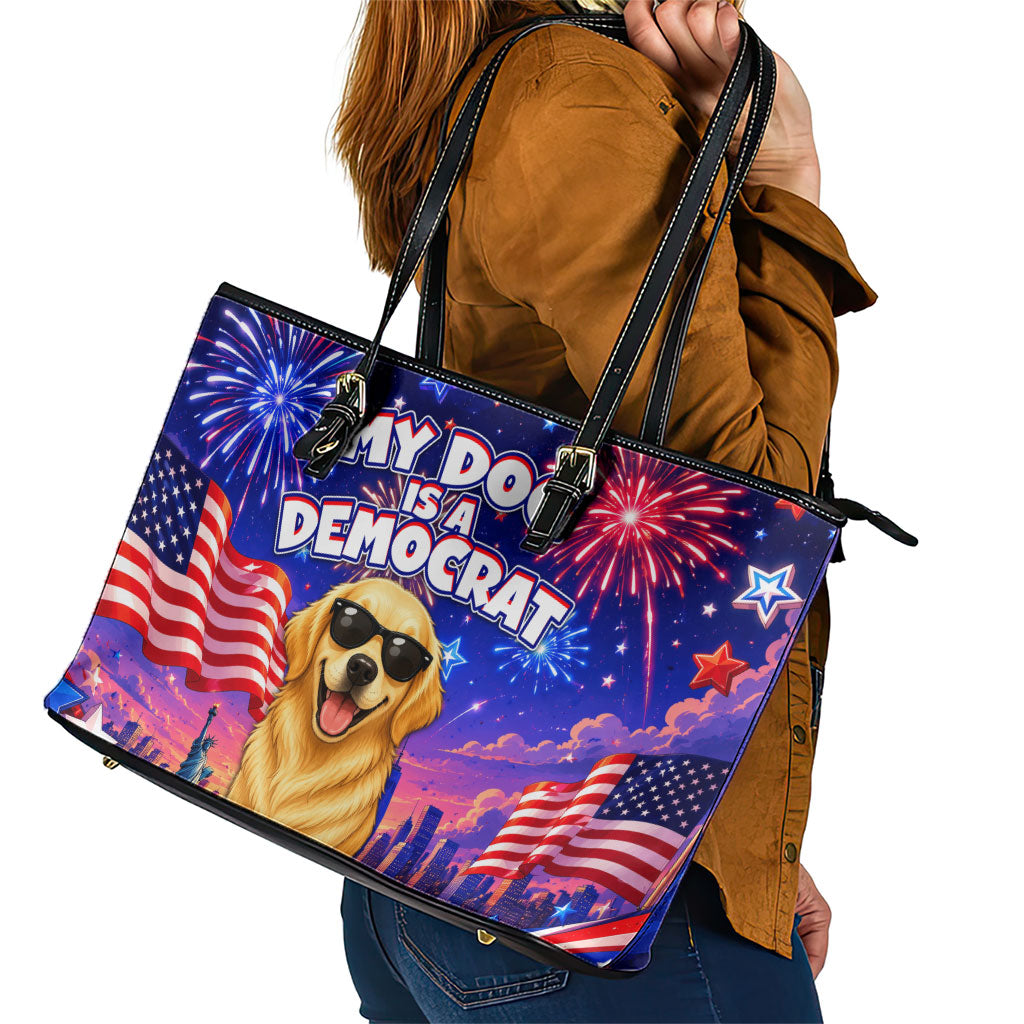 Golden Retriever My Dog Is A Democrat Leather Tote Bag Patriotic Statue Of Liberty Fireworks