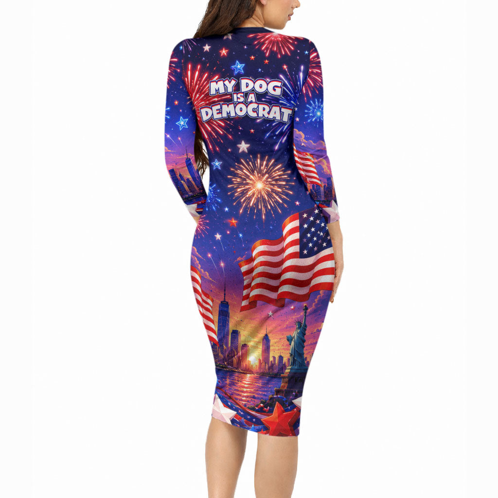 Golden Retriever My Dog Is A Democrat Long Sleeve Bodycon Dress Patriotic Statue Of Liberty Fireworks