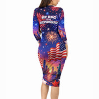 Golden Retriever My Dog Is A Democrat Long Sleeve Bodycon Dress Patriotic Statue Of Liberty Fireworks