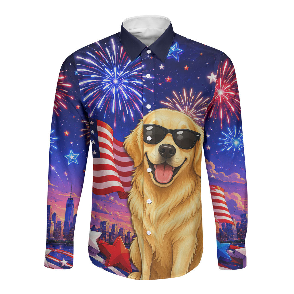 Golden Retriever My Dog Is A Democrat Long Sleeve Button Shirt Patriotic Statue Of Liberty Fireworks