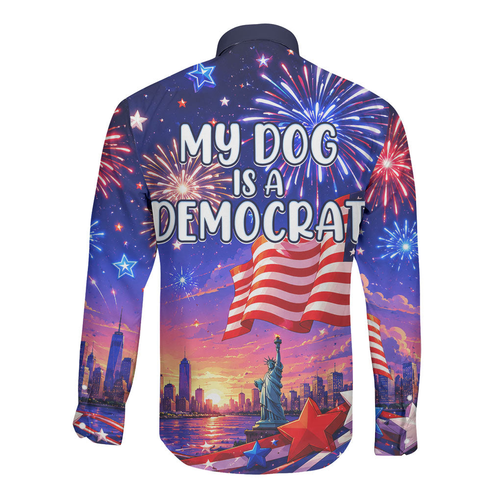 Golden Retriever My Dog Is A Democrat Long Sleeve Button Shirt Patriotic Statue Of Liberty Fireworks