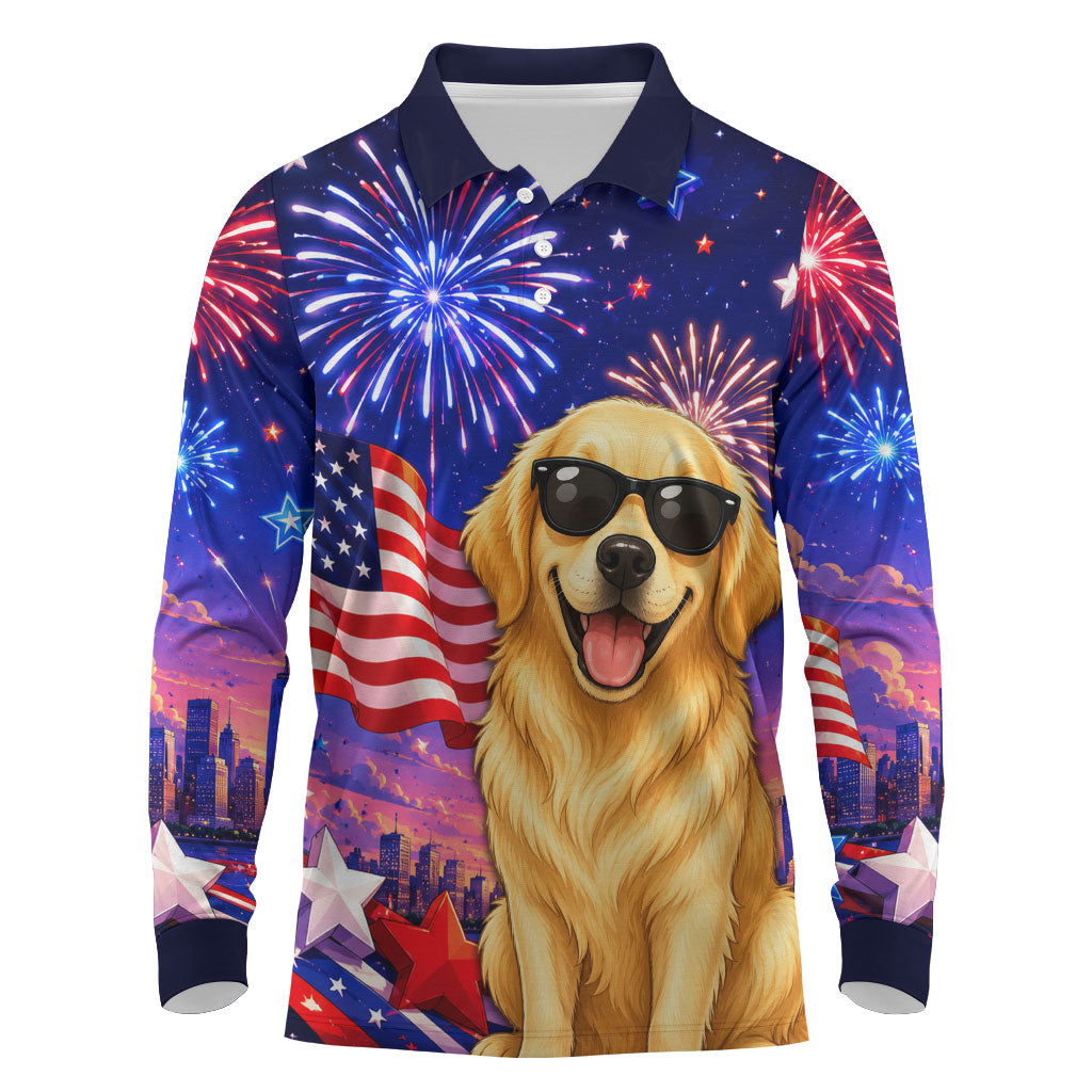 Golden Retriever My Dog Is A Democrat Long Sleeve Polo Shirt Patriotic Statue Of Liberty Fireworks