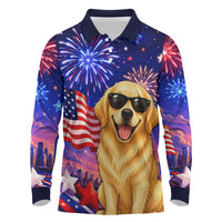 Golden Retriever My Dog Is A Democrat Long Sleeve Polo Shirt Patriotic Statue Of Liberty Fireworks