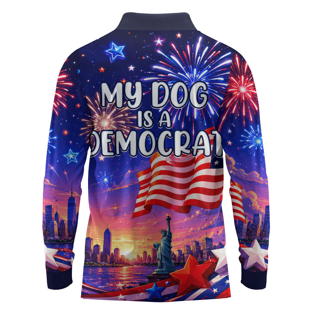Golden Retriever My Dog Is A Democrat Long Sleeve Polo Shirt Patriotic Statue Of Liberty Fireworks