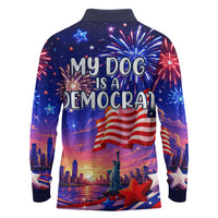 Golden Retriever My Dog Is A Democrat Long Sleeve Polo Shirt Patriotic Statue Of Liberty Fireworks