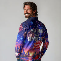 Golden Retriever My Dog Is A Democrat Long Sleeve Polo Shirt Patriotic Statue Of Liberty Fireworks