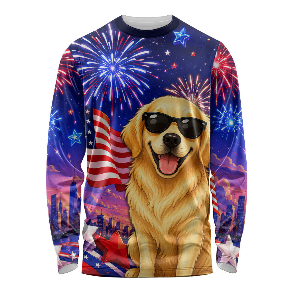 Golden Retriever My Dog Is A Democrat Long Sleeve Shirt Patriotic Statue Of Liberty Fireworks