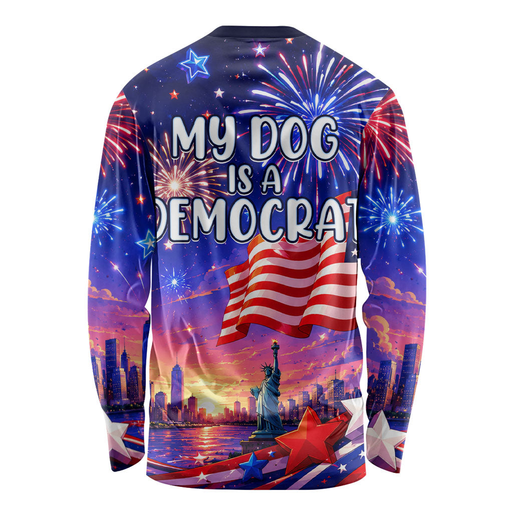 Golden Retriever My Dog Is A Democrat Long Sleeve Shirt Patriotic Statue Of Liberty Fireworks