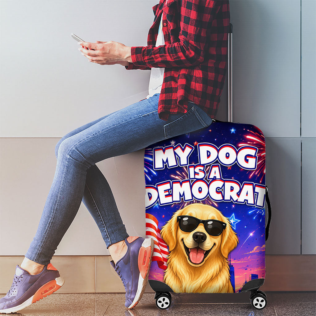 Golden Retriever My Dog Is A Democrat Luggage Cover Patriotic Statue Of Liberty Fireworks