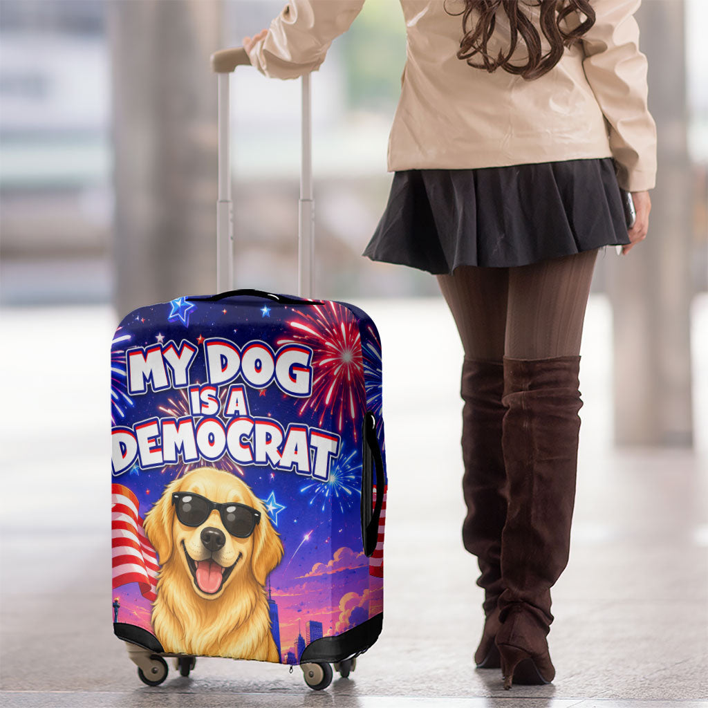 Golden Retriever My Dog Is A Democrat Luggage Cover Patriotic Statue Of Liberty Fireworks
