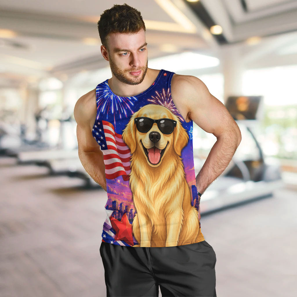 Golden Retriever My Dog Is A Democrat Men Tank Top Patriotic Statue Of Liberty Fireworks