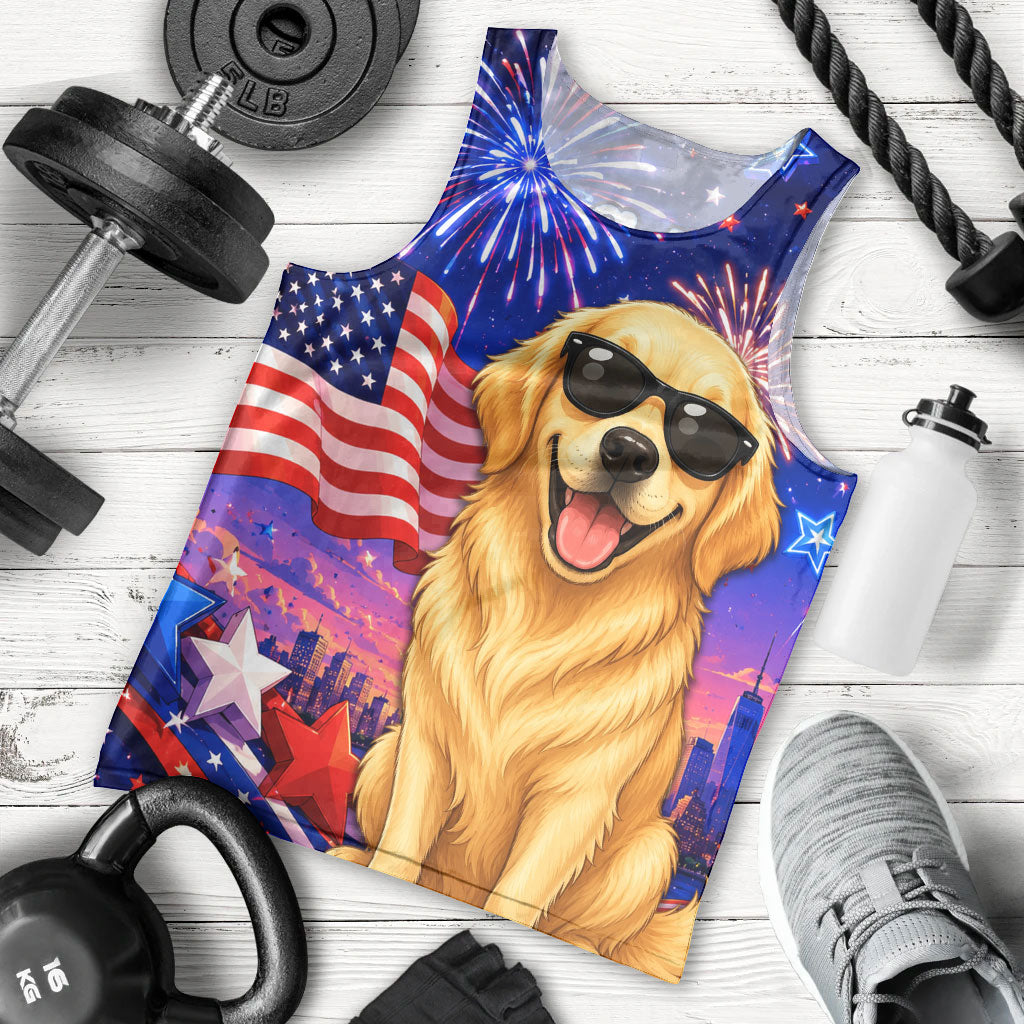 Golden Retriever My Dog Is A Democrat Men Tank Top Patriotic Statue Of Liberty Fireworks