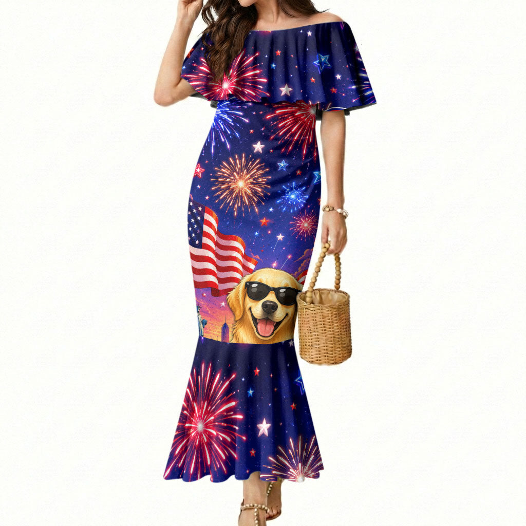 Golden Retriever My Dog Is A Democrat Mermaid Dress Patriotic Statue Of Liberty Fireworks