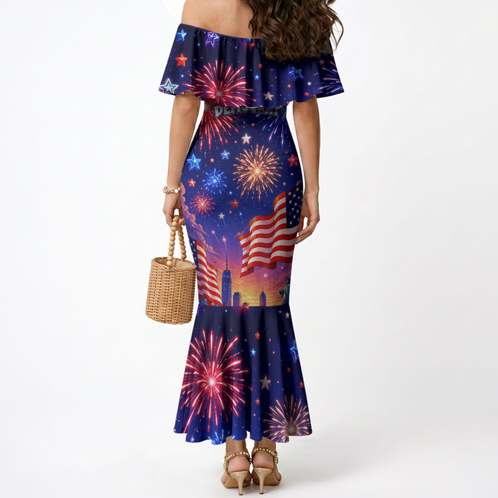 Golden Retriever My Dog Is A Democrat Mermaid Dress Patriotic Statue Of Liberty Fireworks