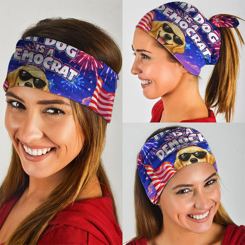Golden Retriever My Dog Is A Democrat Neck Gaiter Patriotic Statue Of Liberty Fireworks
