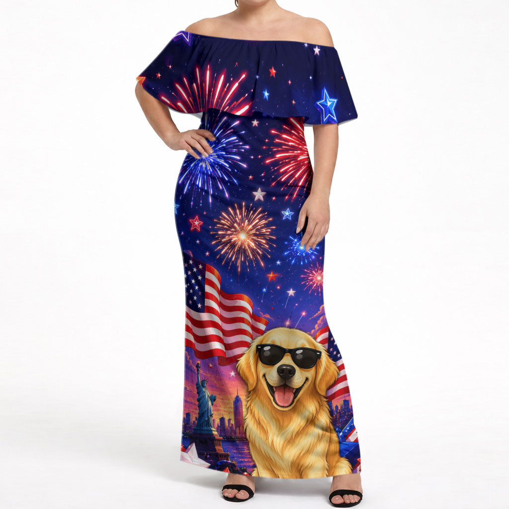 Golden Retriever My Dog Is A Democrat Off Shoulder Maxi Dress Patriotic Statue Of Liberty Fireworks